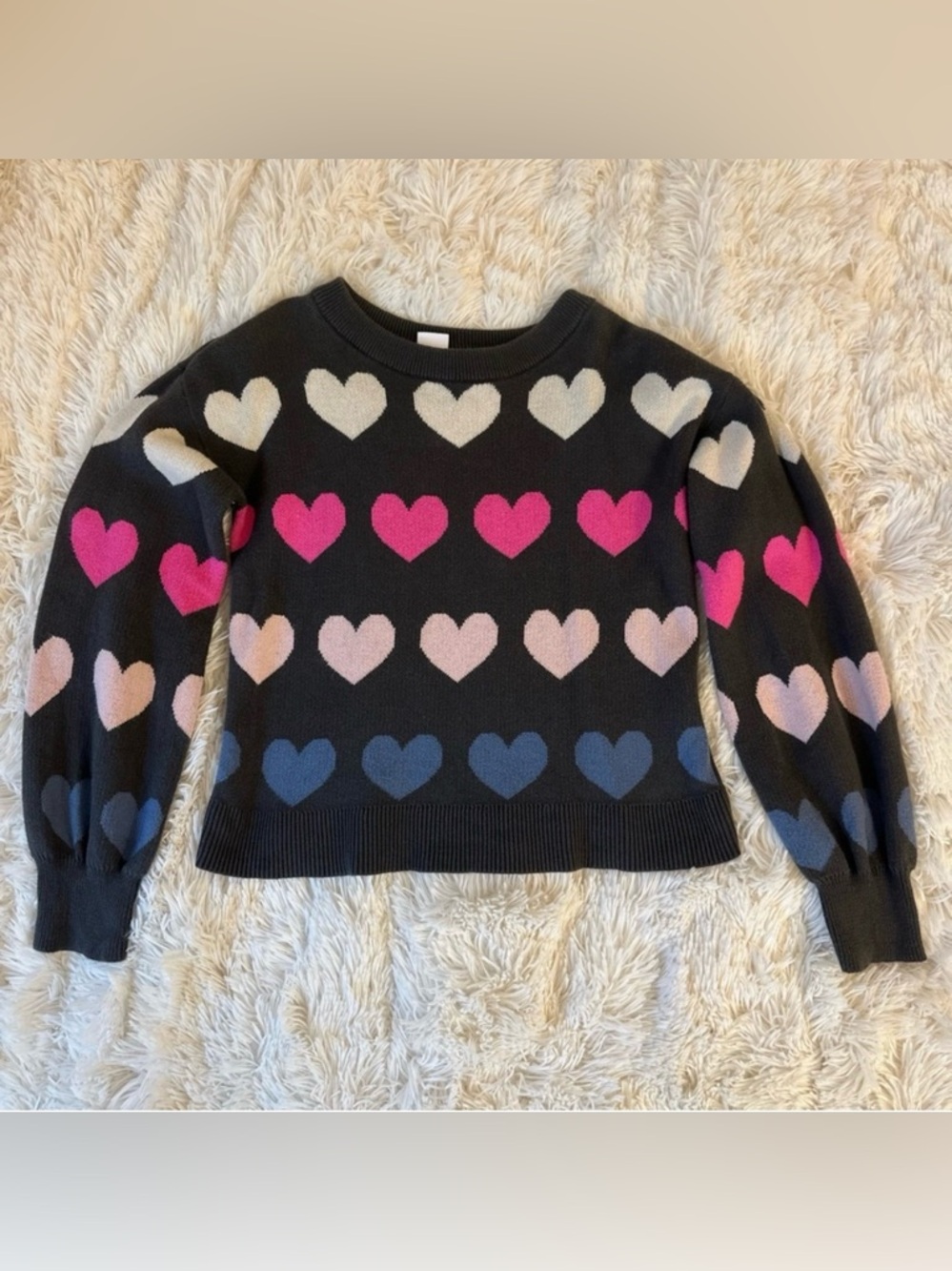 GAP Girls Heart Sweater Large 10-11 Gray Pink Blue Crewneck Long Sleeve Kids